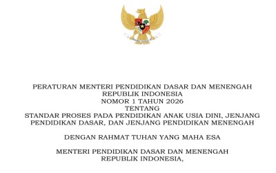 Permendikdasmen Nomor 1 Tahun 2026 Tentang Standar Proses Pada Pendidikan Anak Usia Dini, Jenjang Pendidikan Dasar, Dan Jenjang Pendidikan Menengah