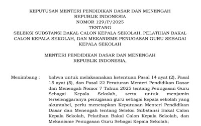 Keputusan Mendikdasmen No. 129 Tahun 2025 tentang Seleksi Bakal Calon Kepala Sekolah